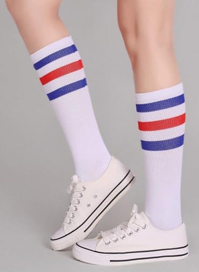 Pareberry Classic Triple Stripes Soft Cotton On the Calf Retro White Tube Socks (A-pair(Blue/Red/White)) - Image 5
